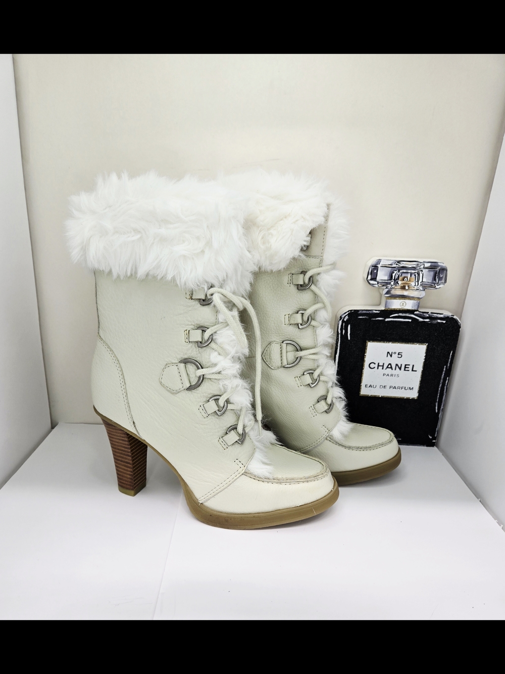 Report Collection Ivory Faux-Fur Lace-Up Heeled Ankle Boots